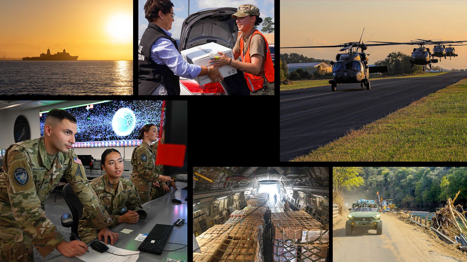 Collage of Phase II mission areas: naval operations, aviation support, tactical communications, and field logistics.