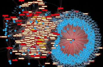 A tangled network graph of red and blue nodes — the network before Ridgeback.
